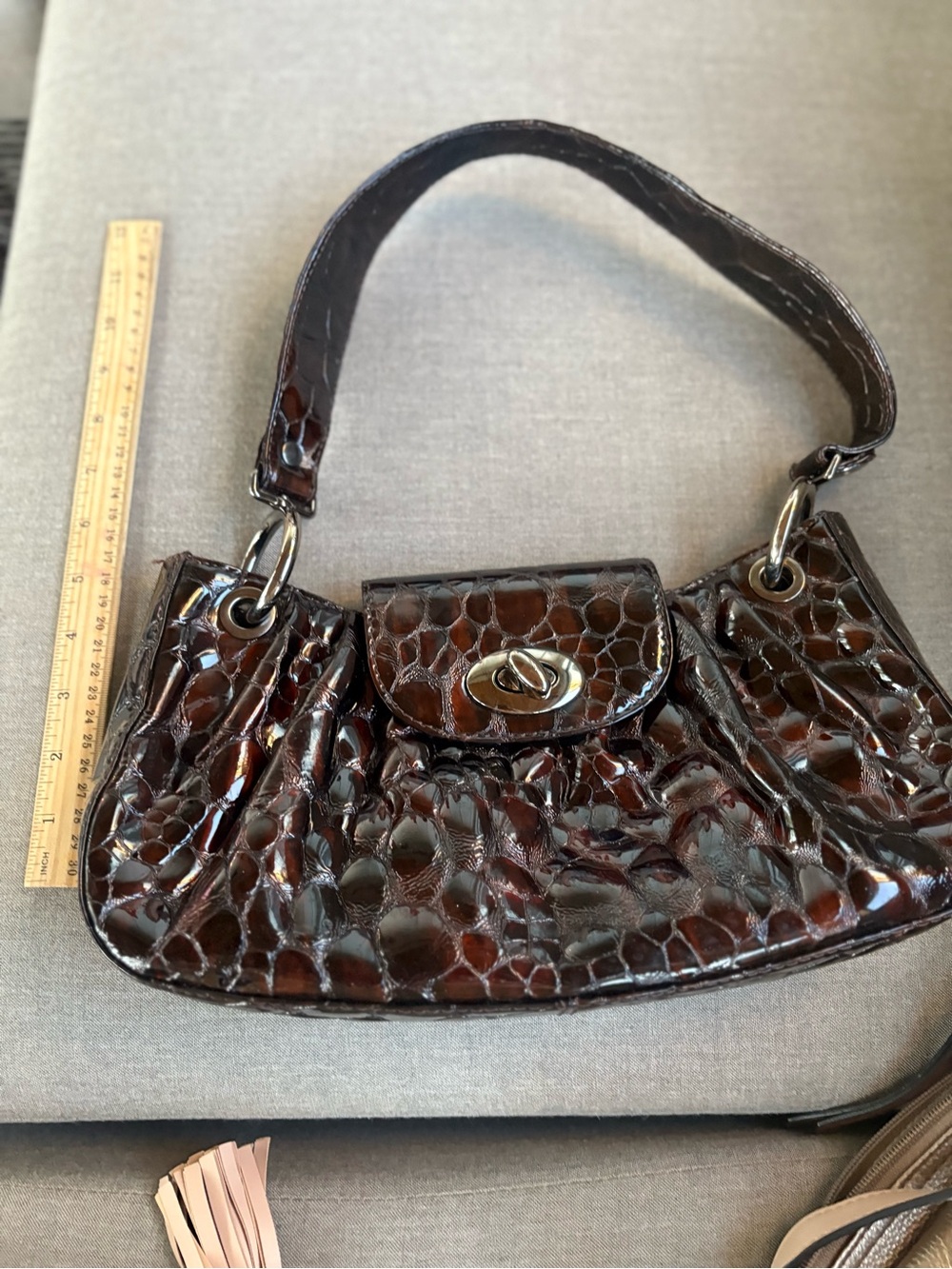 Stuart Weitzmsn Patent Croc-Embossed Shoulder Bag in Dark Brown